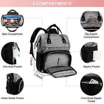 LOVEVOOK Laptop Backpack for Women, 17 Inch Waterproof Travel Backpack Purse,Work Nurse Bag with USB Port,Casual Business Computer Backpacks for Personal Item Carry on, Black-Grey