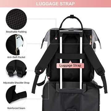 LOVEVOOK Laptop Backpack for Women, 17 Inch Waterproof Travel Backpack Purse,Work Nurse Bag with USB Port,Casual Business Computer Backpacks for Personal Item Carry on, Black-Grey
