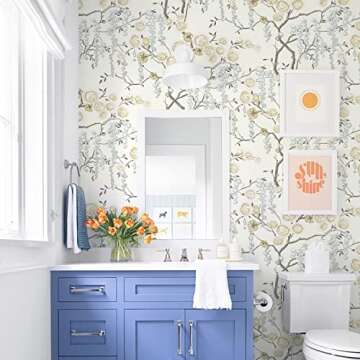 Orainege Floral Peel and Stick Wallpaper Vintage Floral Contact Paper 17.7in ×118.1in Beige Floral Wallpaper Peel and Stick Removable Wallpaper for Bathroom Wall Paper Waterproof Adhesive Wallpaper