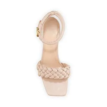 Rilista Women's Nude Braided Open Toe Ankle Strap Low Block Chunky Heels Sandals Party Dress Pumps Shoes 5.5