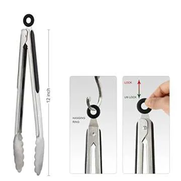 HOTEC Stainless Steel Kitchen Tongs Set of 2-12 inch, BBQ Locking Metal Food Tongs Non-Slip Grip (Black)