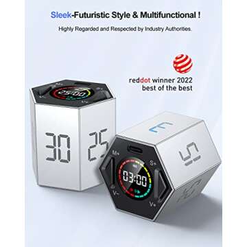Ticktime Pomodoro Timer, Productivity Timer Cube, Magnetic Flip Hexagon Timer, Mute & Adjustable Sound Alert, for Work, Office, ADHD, Study, Task, 3/5/10/15/25/30min & Custom Countdown - Gray