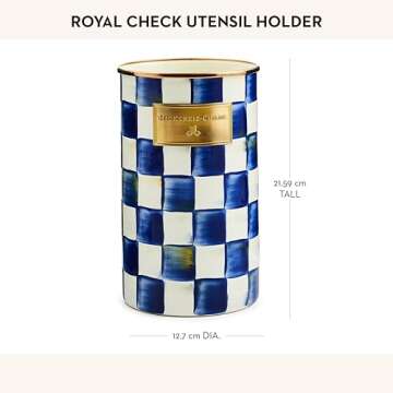 MACKENZIE-CHILDS Enamel Utensil Holder, Kitchen Utensil Holder for Countertop, Storage Caddy, Blue-and-White Royal Check
