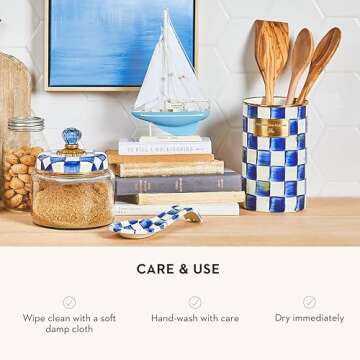 MACKENZIE-CHILDS Enamel Utensil Holder, Kitchen Utensil Holder for Countertop, Storage Caddy, Blue-and-White Royal Check