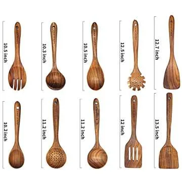 Wooden Spoons for Cooking,10 Pcs Natural Teak Wooden Kitchen Utensils Set Wooden Utensils for Cookin...