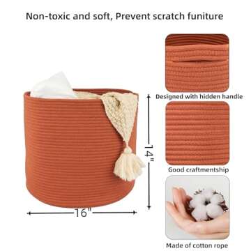 XUANGUO Cotton Rope Basket For Girls Boys Kids 16”X14” Baby Laundry Basket Nursery Bin Round Woven Basket Organizer For Storage Toys Blankets Shoes Clothes rustic