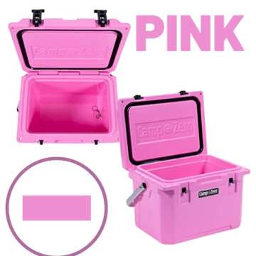 CAMP-ZERO 21 Quart Rotomolded Hard Cooler - Insulated Ice Chest with 4 Cup Holders - Bear-Proof Travel Ice Box for Beverage, Drink, BBQ, Fishing, Camping, Outdoor, Pink