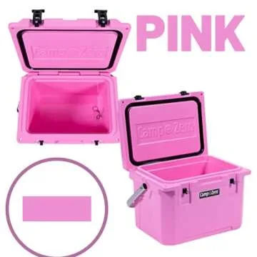 CAMP-ZERO 21 Quart Rotomolded Hard Cooler - Insulated Ice Chest with 4 Cup Holders - Bear-Proof Travel Ice Box for Beverage, Drink, BBQ, Fishing, Camping, Outdoor, Pink
