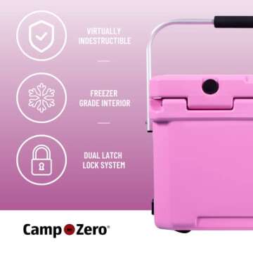 CAMP-ZERO 21 Quart Rotomolded Hard Cooler - Insulated Ice Chest with 4 Cup Holders - Bear-Proof Travel Ice Box for Beverage, Drink, BBQ, Fishing, Camping, Outdoor, Pink