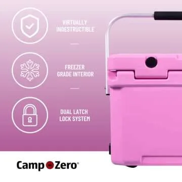 CAMP-ZERO 21 Quart Rotomolded Hard Cooler - Insulated Ice Chest with 4 Cup Holders - Bear-Proof Travel Ice Box for Beverage, Drink, BBQ, Fishing, Camping, Outdoor, Pink