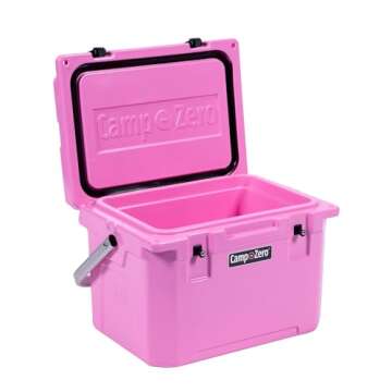 CAMP-ZERO 21 Quart Rotomolded Hard Cooler - Insulated Ice Chest with 4 Cup Holders - Bear-Proof Travel Ice Box for Beverage, Drink, BBQ, Fishing, Camping, Outdoor, Pink