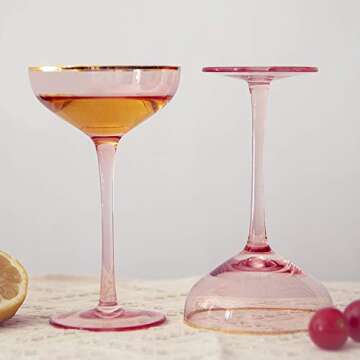 REAWOW Pink Champagne Glasses 5 OZ Champagne Coupe Glasses Classic Cocktail Glassware Gilded Dessert Cup Creative Unique Gift Set of 2