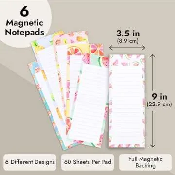 Juvale 6-Pack Magnetic Notepads for Refrigerator - Cute Grocery Shopping List for To-Do Memos, Scratch Pads (6 Fruit Designs, 60 Sheets Each)