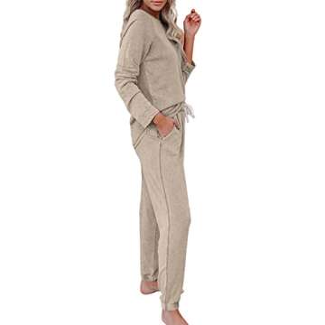 Saeklia Cozy 2 Piece Outfits Lounge Sets for Womens Loungewear Long Sleeve Tops and Joggers Sweatpants Sweats Track Suits Sets - Khaki XL