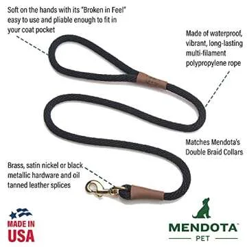 Mendota Pet Snap Leash - British-Style Braided Dog Lead, Made in The USA - Black, 1/2 in x 6 ft - fo...