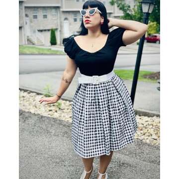 OBBUE Dresstore Vintage Pleated Skirt Floral A-line Printed Midi Skirts with Pockets Black-White-Plaid-S