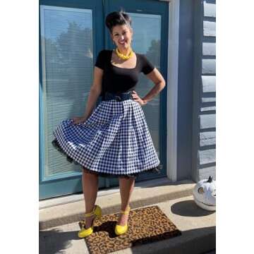 OBBUE Dresstore Vintage Pleated Skirt Floral A-line Printed Midi Skirts with Pockets Black-White-Plaid-S