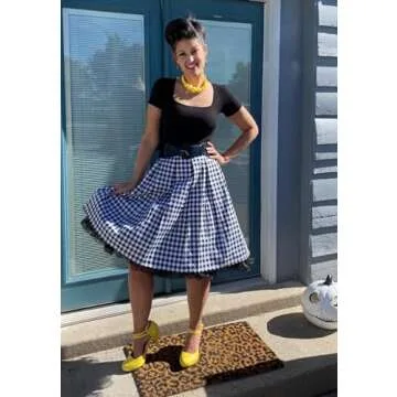 OBBUE Dresstore Vintage Pleated Skirt Floral A-line Printed Midi Skirts with Pockets Black-White-Plaid-S