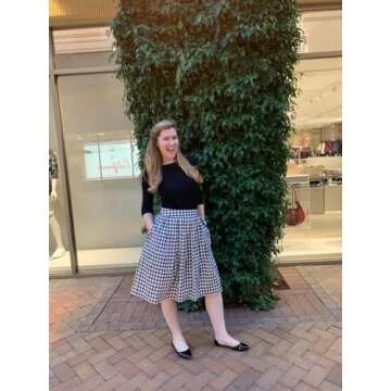 OBBUE Dresstore Vintage Pleated Skirt Floral A-line Printed Midi Skirts with Pockets Black-White-Plaid-S