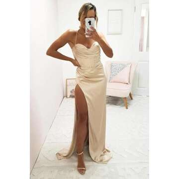 RYANTH Women's Long Satin White Bridesmaid Dresses for Wedding Guest Backless Mermaid Prom Dresses 2025 with Slit Size 14