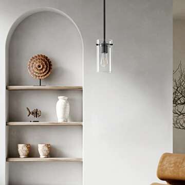 3 Pack 1 Light Modern Kitchen Island Rod Pendant Light 5 Inch Clear Glass Shade Black Pendant Lamp Farmhouse Hanging Light Fixture for Kitchen Island Dining Room Bedside