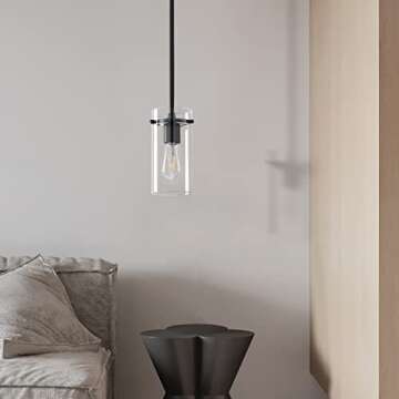 3 Pack 1 Light Modern Kitchen Island Rod Pendant Light 5 Inch Clear Glass Shade Black Pendant Lamp Farmhouse Hanging Light Fixture for Kitchen Island Dining Room Bedside