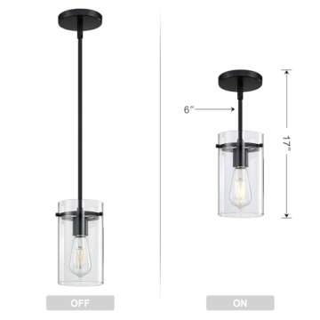 3 Pack 1 Light Modern Kitchen Island Rod Pendant Light 5 Inch Clear Glass Shade Black Pendant Lamp Farmhouse Hanging Light Fixture for Kitchen Island Dining Room Bedside