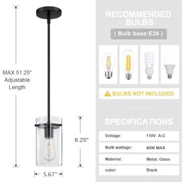 3 Pack 1 Light Modern Kitchen Island Rod Pendant Light 5 Inch Clear Glass Shade Black Pendant Lamp Farmhouse Hanging Light Fixture for Kitchen Island Dining Room Bedside