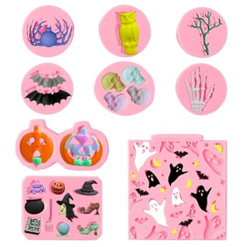 GROBRO7 9Pcs Halloween Cake Silicone Fondant Molds Pumpkins Ghost Skulls Witch Spider Owl Bat Branch...