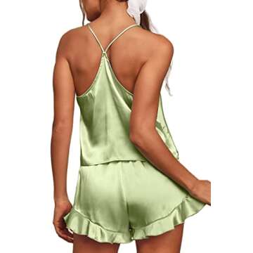 CHYRII Women's Sexy Silk Satin PJS Ruffle Cami Tops Shorts 2 PCS Pajamas Sets Nightwear Mint Green M