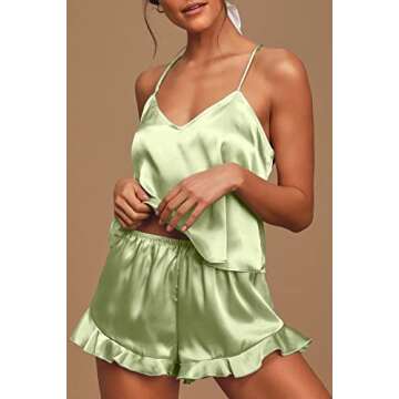 CHYRII Women's Sexy Silk Satin PJS Ruffle Cami Tops Shorts 2 PCS Pajamas Sets Nightwear Mint Green M