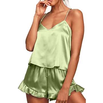 CHYRII Women's Sexy Silk Satin PJS Ruffle Cami Tops Shorts 2 PCS Pajamas Sets Nightwear Mint Green M