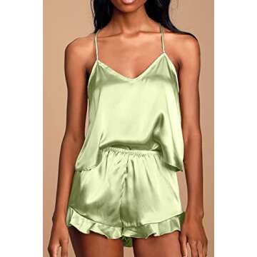 CHYRII Women's Sexy Silk Satin PJS Ruffle Cami Tops Shorts 2 PCS Pajamas Sets Nightwear Mint Green M