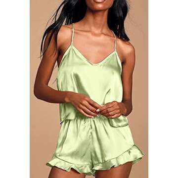 CHYRII Women's Sexy Silk Satin PJS Ruffle Cami Tops Shorts 2 PCS Pajamas Sets Nightwear Mint Green M