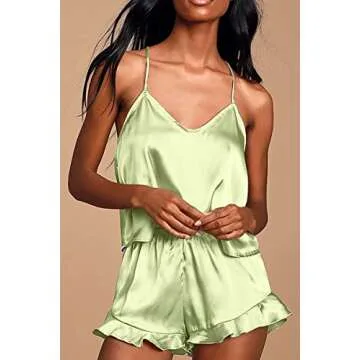 CHYRII Women's Sexy Silk Satin PJS Ruffle Cami Tops Shorts 2 PCS Pajamas Sets Nightwear Mint Green M
