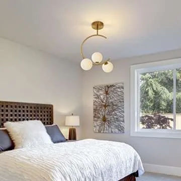 Modern Semi Flush Mount Ceiling Light - Easric Gold Ceiling Light Fixture Mid Century Light Fixtures Ceiling Mount with 3 Frosted Glass Lampshade Globe Ceiling Lamp for Hallway Kitchen Bedroom