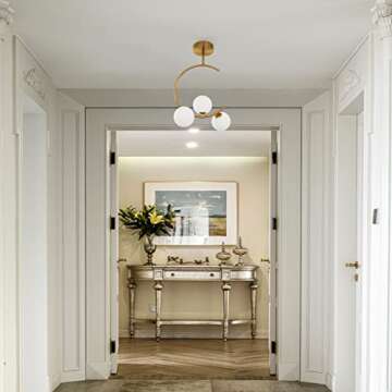 Modern Semi Flush Mount Ceiling Light - Easric Gold Ceiling Light Fixture Mid Century Light Fixtures Ceiling Mount with 3 Frosted Glass Lampshade Globe Ceiling Lamp for Hallway Kitchen Bedroom