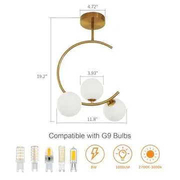 Modern Semi Flush Mount Ceiling Light - Easric Gold Ceiling Light Fixture Mid Century Light Fixtures Ceiling Mount with 3 Frosted Glass Lampshade Globe Ceiling Lamp for Hallway Kitchen Bedroom
