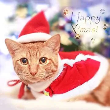 Enjoying Cat Christmas Outfit Santa Hat with Clothes for Cats Small Dogs Kitten Christmas Costume Warm Xmas Cloak Coat Santa Claus Hat Red New Year Party Cosplay
