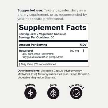 Toniiq Ultra High Purity Resveratrol Capsules - 98% Trans-Resveratrol - Highly Purified and Bioavailable - 60 Caps Reservatrol Supplement