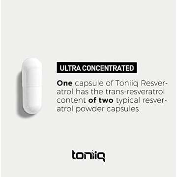Toniiq Ultra High Purity Resveratrol Capsules - 98% Trans-Resveratrol - Highly Purified and Bioavailable - 60 Caps Reservatrol Supplement