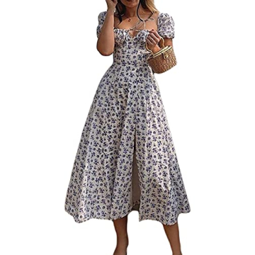 Women Boho Cottagecore Dress Puff Sleeve Vintage Dress Square Neck Floral Split Dress Flattering Max...