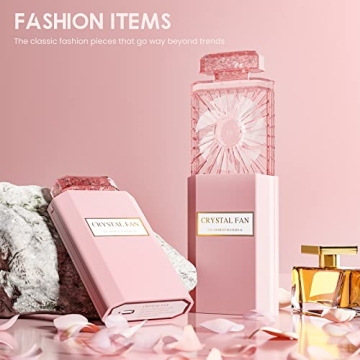 Stylish Pink Handheld Fan with Crystal Stones Rechargeable 3 Speeds