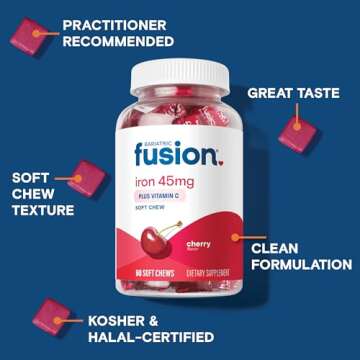 Bariatric Fusion Iron Supplement for Women with Vitamin C | Cherry Flavored Soft Chew | Bariatric Iron Chewable Vitamin | Gentle on Stomach Ferrous Fumarate | 60 Count | 2 Month Supply