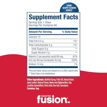 Bariatric Fusion Iron Supplement for Women with Vitamin C | Cherry Flavored Soft Chew | Bariatric Iron Chewable Vitamin | Gentle on Stomach Ferrous Fumarate | 60 Count | 2 Month Supply