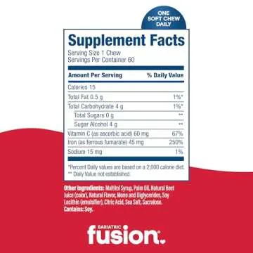 Bariatric Fusion Iron Supplement for Women with Vitamin C | Cherry Flavored Soft Chew | Bariatric Iron Chewable Vitamin | Gentle on Stomach Ferrous Fumarate | 60 Count | 2 Month Supply
