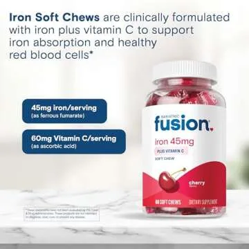 Bariatric Fusion Iron Supplement for Women with Vitamin C | Cherry Flavored Soft Chew | Bariatric Iron Chewable Vitamin | Gentle on Stomach Ferrous Fumarate | 60 Count | 2 Month Supply