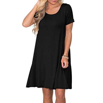 WNEEDU Women's Summer Casual T-Shirt Dresses with Pockets (L, Black)