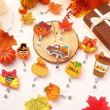 Equsion 12 Pcs Thanksgiving Fall Pumpkin Holiday Badge Reels Fall Autumn Felt Retractable Badge Holder Name ID Maple Leaf Turkey Badge Reel with Clip for Nurses Doctor Teacher Staff Cards Favors