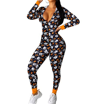 Ekouaer Christmas Onesie Women Sexy Pajamas Zipper Halloween One Piece Bodycon Outfit Jumpsuit Costu...